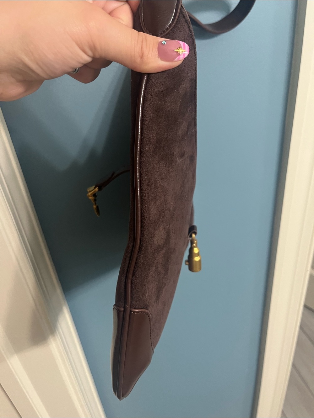 Dark Brown Suede Shoulder Bag with Gold-Tone Hardware - Picture 4 of 4